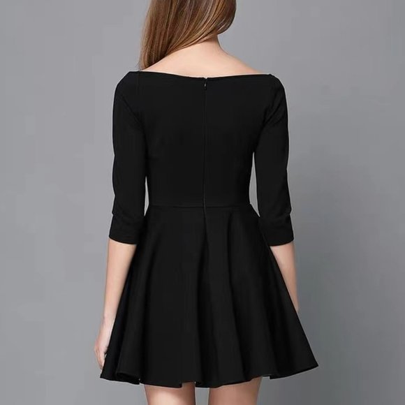 A Line V Neck Off the Shoulder Bracelet Sleeve Black Mini Dress - Picture 2 of 5